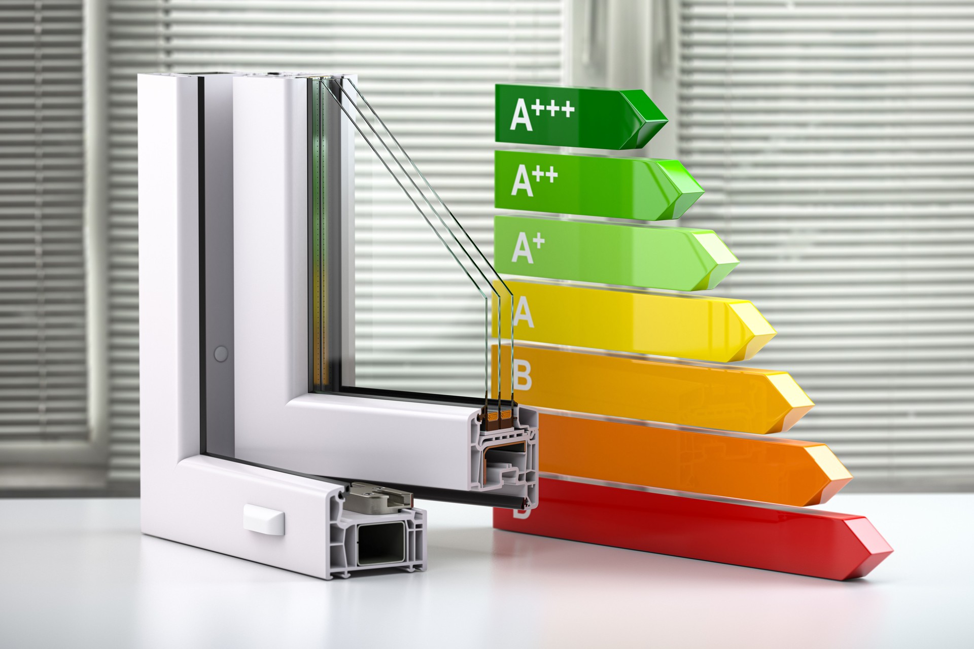 Kunststoff-Fenster Profil PVC und Energieeffizienz-Diagramm.